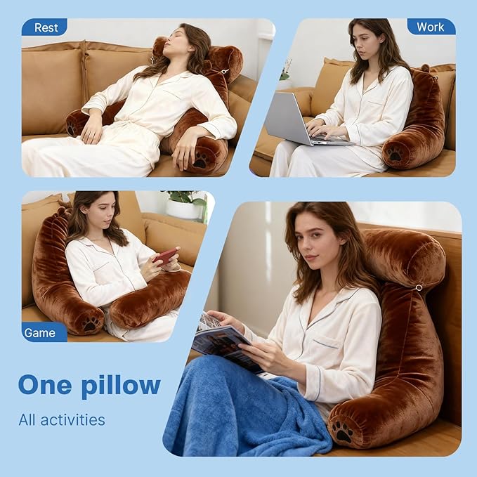 Reading Pillow Plus, Crystal Velvet Back Pillow Bed Sitting Up for Adult & Children, Back Rest Pillow Support for Reading & Rest Bed, Add Height and Removable Pillows Design, for Xmas Gift, Brown