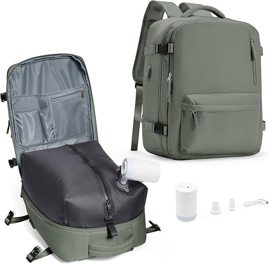 Vacuum Compression Backpack, Travel Vacuum Backpack with Electric Vacpack Pump, Flight Approved Carry On Personal Item Suitcase Luggage for Men Women, Dark Green, Large