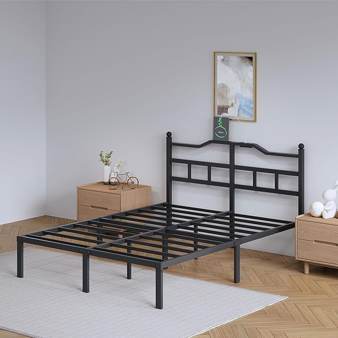 Metal Bed Frame with Charging Station - 14 Inch King Size Heavy Duty Bedframe with Headboard Black Basic Steel Slats Platform No Box Spring Needed/Noise Free