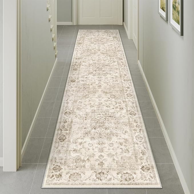 2x12 Washable Neutral Runner Rug Beige Vintage Hallway Kitchen Carpet Non-Slip Soft Low Pile Floral Throw Rug for Bedroom Bathroom Laundry Living Room