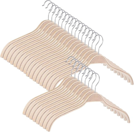 30 PCS Slim Natural Wooded Hangers with Extra Soft Non-Slip Rubber Grips - Curved Shoulder Design, 360° Rotatable Metal Hook Hangers for Shirts Sweaters Jackets Dresses
