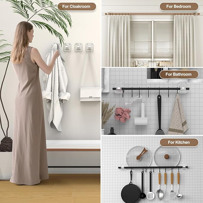 No Drill Curtain Rod Brackets No Drilling Holder 20lb - Renter Friendly Self Adhesive Hooks for Apartment Dorm Classroom Essentials Decor Hanging Drapes Rv Over Blinds Kitchen Bedroom Home