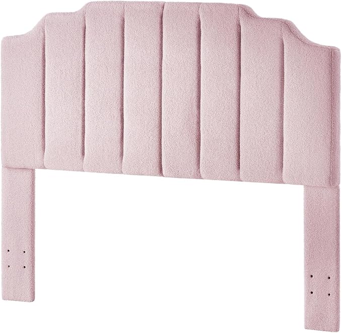 24KF Pink Teddy Fabric Tufted for Queen Upholstered Headboard, Modern Vertical Channel Design Full Headboard with Stepped Silhouette Top Edge,6026-Q-Teddy Pink