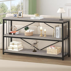 HSH Long Bookshelf, Large Wood Wide Grey Horizontal Book Shelf Under Window, Modern Open Etagere Bookcase for Bedroom Living Room, Industrial Wooden Metal Display Bookshelves for Home Office, 63 Inch