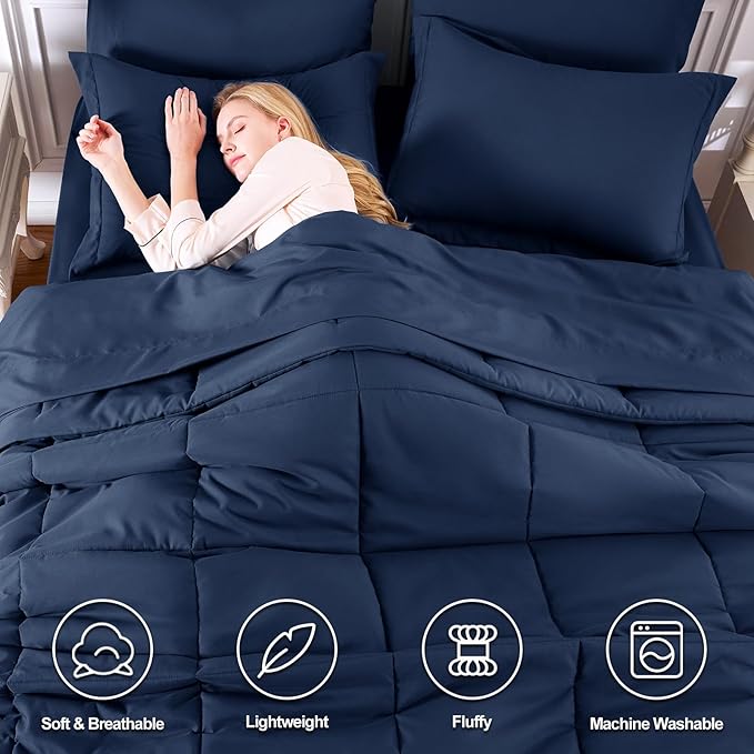 CozyLux Full Size Comforter Sets Navy Blue - 7 Pieces Bed in a Bag Full, Oeko-Tex Certified Bed Set, All Season Soft Bedding Set with Down Alternative Comforter, Sheets, Pillowcases & Pillow Shams