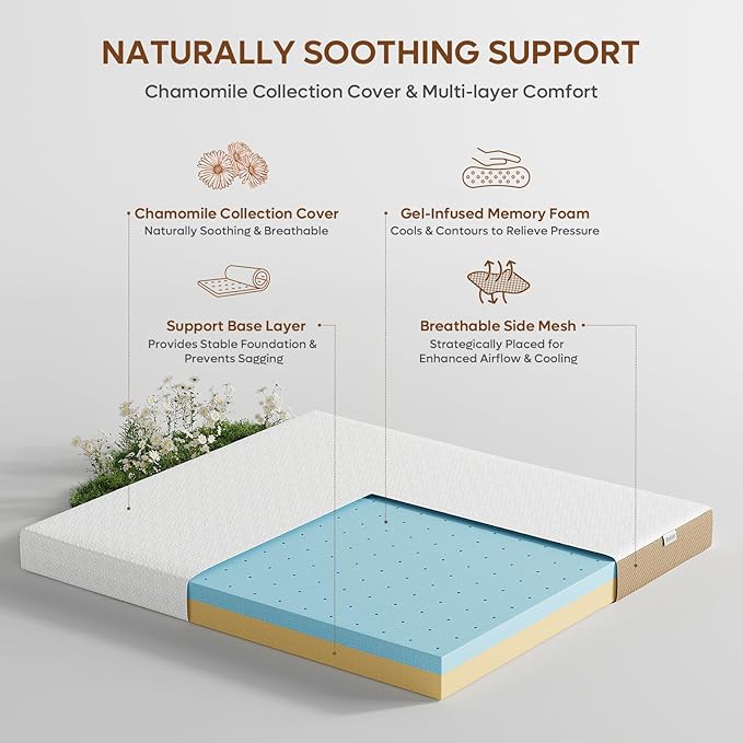 Bestier Memory Foam Mattress Topper - Gel Mattress Topper with Chamomile Collection - Plush Feel - Mattress Pad with Naturally Cooling and Pressure Relieving - Twin Size, 3 Inch