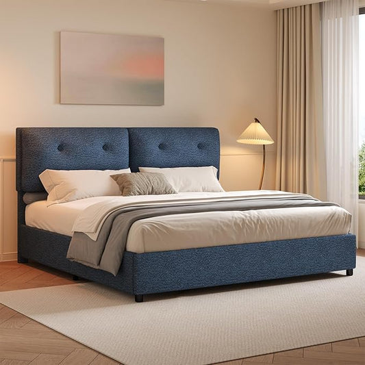 Boucle Upholstered Bed Frame King Size, Low Platform Bed King, Modern Soft Style, Adjustable Headboard, No Box Spring Needed, Easy Assembly, Blue