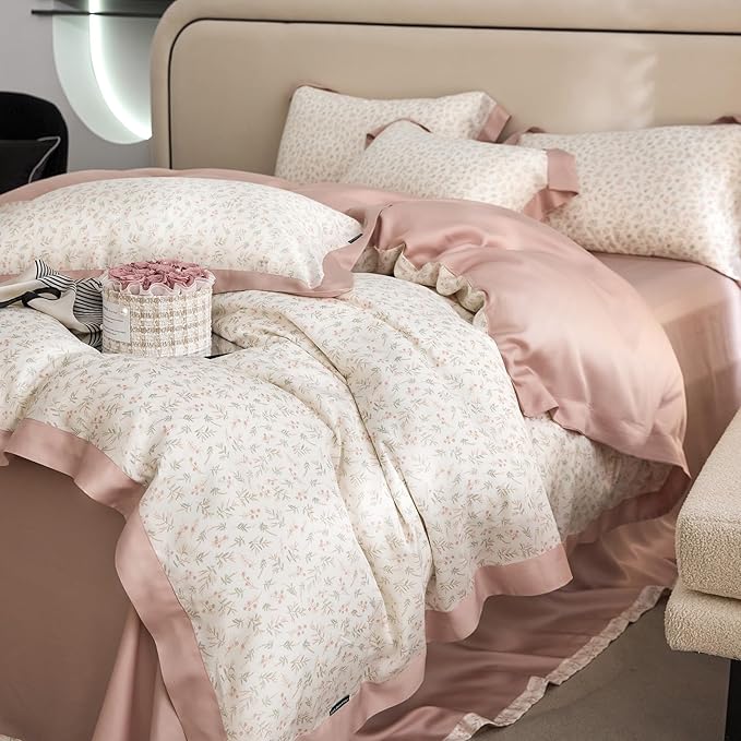 mixinni Pink White Floral Duvet Cover Twin XL Size Green Leaves Cute Flower Botanical Printed 100% Lyocell Duvet Cover Set Reversible Design Cooling Bedding for Women Girls