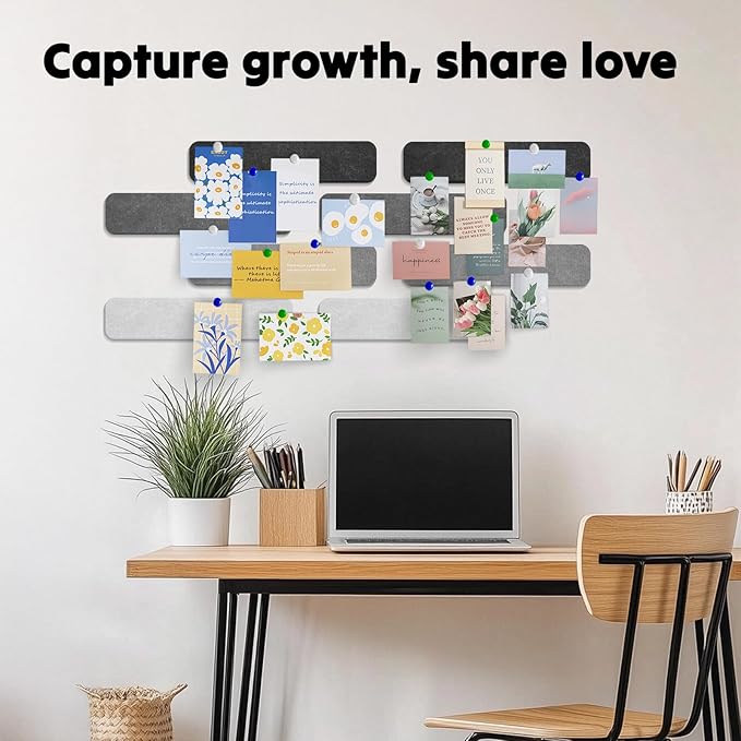 8Pcs Felt Bulletin Board Strips, Cork Board Strips for Walls Self Adhesive with 50 Pushpins, Colorful Cork Strips for Office Classroom Decor, Small Bulletin Board to Paste Photos, Notes (Black)