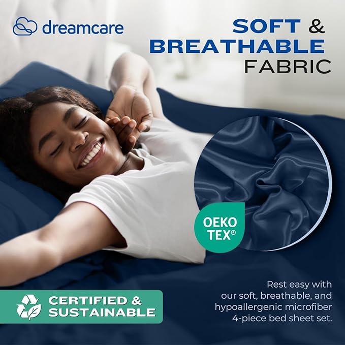 DREAMCARE King Size Sheets Set – 4 pcs Cooling Sheets – up to 21” Deep Pocket King Sheet Set – Hotel Luxury Sheets & Pillowcases – Superior Softness 100% Fine Microfiber with Side Pocket – Navy Blue DREAMCARE
