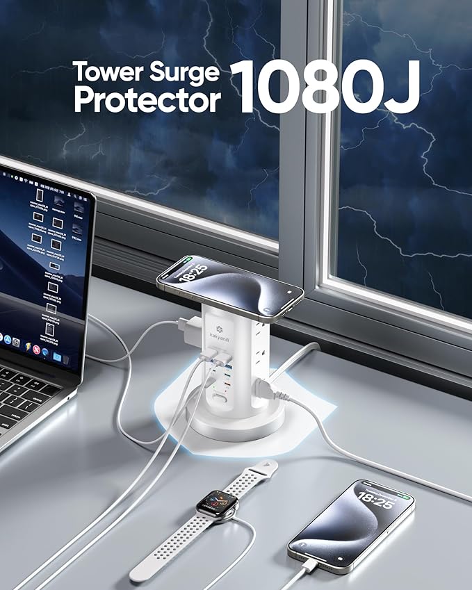 115W USB Charging Station, Surge Protector Power Strip Tower, 9 AC Outlets with 8 USB Ports(4 USB-C), 6Ft Flat Plug Retractable Extension Cord, for Home Office Dorm, White