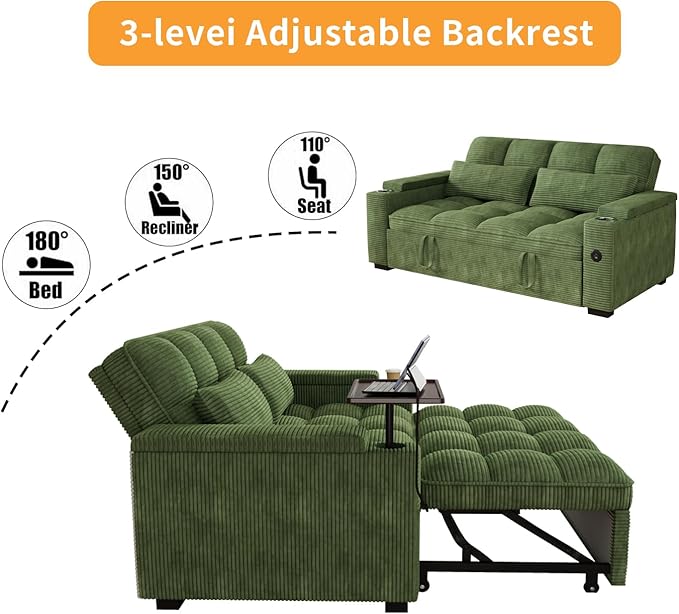 65" Sofa Bed, Loveseat 3-in-1 Sleeper Sofa with Pull Out Bed, 360° Swivel Side Table and USB, 2 Seater Convertible Small Couch for Living Room Apartment (Green, Corduroy)