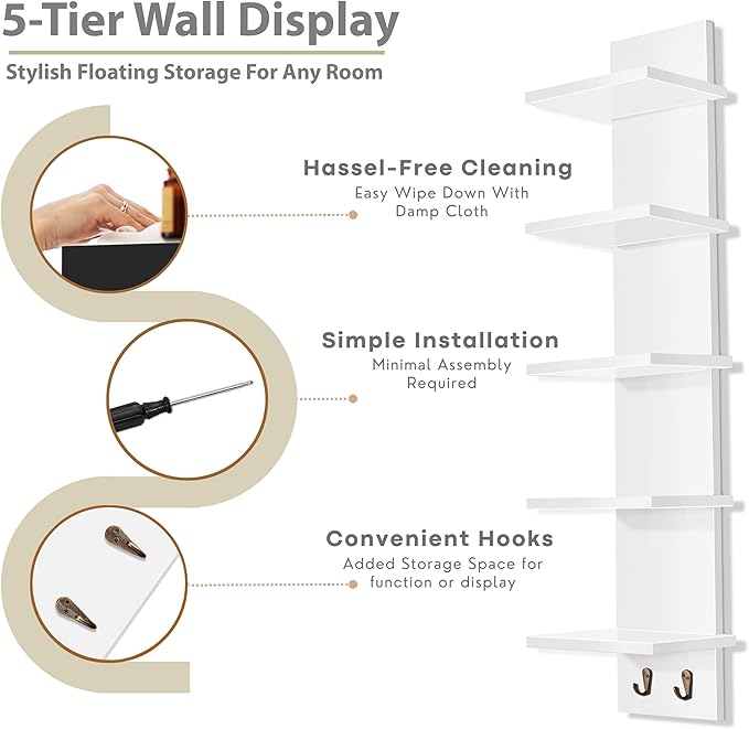 Sorbus 5 Tier Wall Shelf Unit with Hooks, Vertical Column Utility Shelving for Home Decor and Storage Organizer, Wall-Mounted Floating Shelves for Bathroom Storage, Bedroom, Living Room