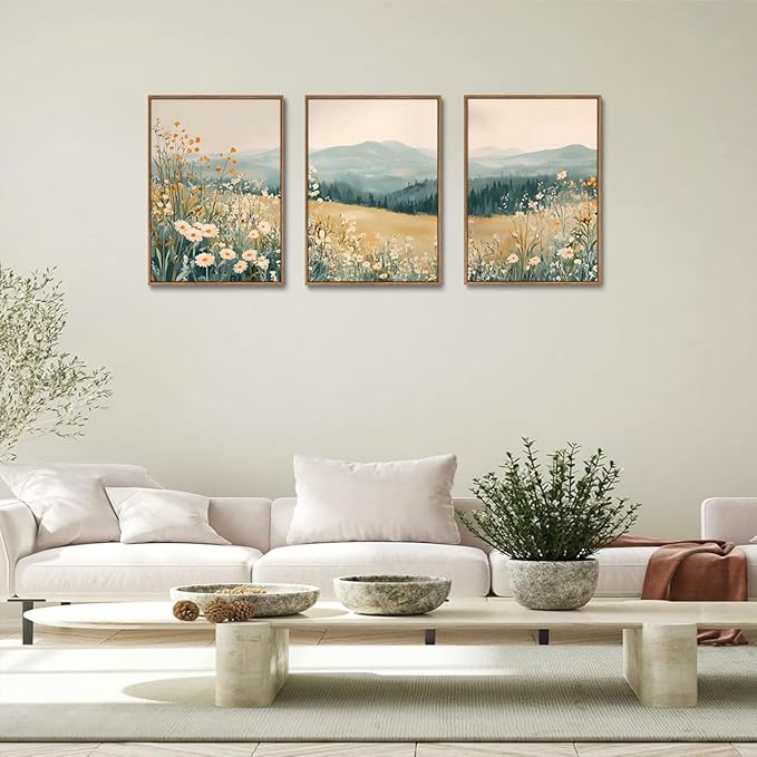 KISSFOX 3 Piece Framed Wall Art Floral Wall Decor Landscape Pictures Mountain Canvas Art Daisy Wildflower Paintings Modern Farmhouse Artwork For Bedroom Bathroom Living Room