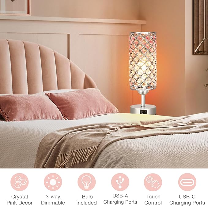 Crystal Table Lamp, Pink Touch Lamp with USB C+A Ports, 3 Way Dimmable Bedroom Light with Crystal Shade, Bedside Nightstand Small Lamp for Girl Bedroom, Living Room(Buld Included)