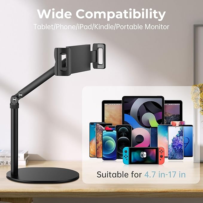 Tablet Stand for iPad, Adjustable Arm Mount Holder Desk with 360° Rotation, Portable Monitor Stand Compatible with iPad mini Air Pro, Kindle, Switch, Galaxy Tab, Phones