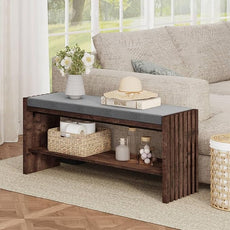 BON AUGURE Mudroom Entryway Bench with Shoe Storage, Shoe Rack Bench with Cushion, 2-Tier Wood Benches for Bedroom, Living Room, Hall (Rustic Oak, 40 in Wide)