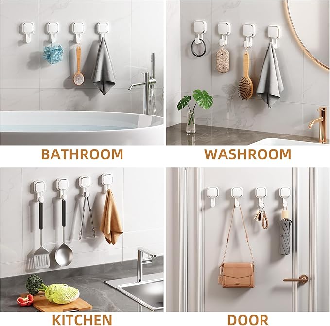 LEVERLOC Suction Cup Hooks for Inside Shower 4 Pack, Versatile Powerful Vacuum Suction Shower Holders for Towel, Loofah, Clothes, Damage Free Wall Hanging Bathroom Hooks, Easy to Install, White