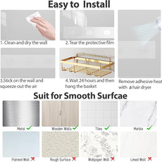 5 Pack Shower Caddy Organizer Rack Shelf for Inside Shower, Self Adhesive Wall Storage Basket Rustproof Stainless Steel Shampoo Holder Bathroom Accessory Decor Set, Gold