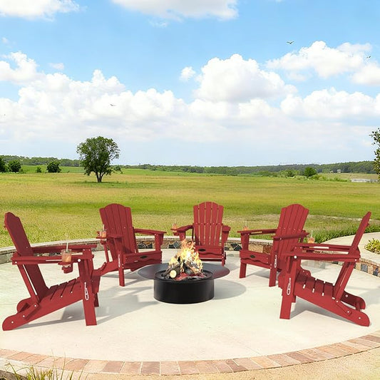 Adirondack Chair Set of 4, Folding All-Weather Outdoor HDPE Patio Chair with Cup Holder, Red