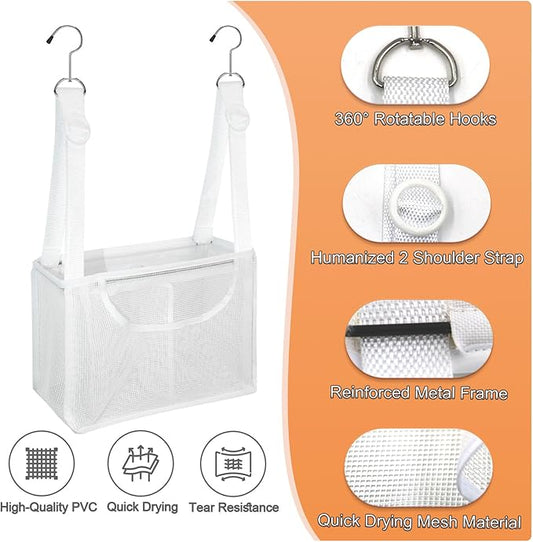 PVC Mesh Hanging Shower Caddy Organizer with 2pc Magnetic Hooks, Portable Adjustable Travel Bathroom Bag with Pockets for RV, Camping, Cruise, Dorm, Gym, White, 12“x5 x7（LxWxH）