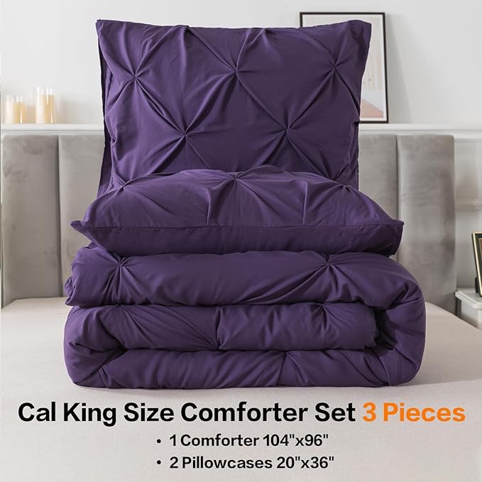 Andency California King Comforter Set Purple (104x96Inch), Pinch Pleat Cal King Comforter Set 3 Pieces, Oversized King Pintuck Bed Comforter, Microfiber Down Alternative Comforter Bedding Set