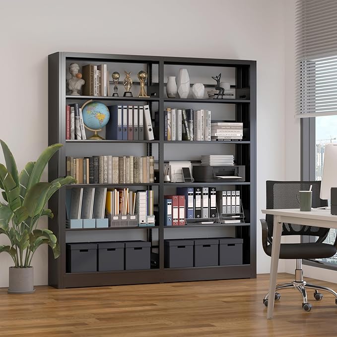 5-Tier Industrial Black Metal Bookshelf - Freestanding Tall Storage Organizer for Living Room & Home Office