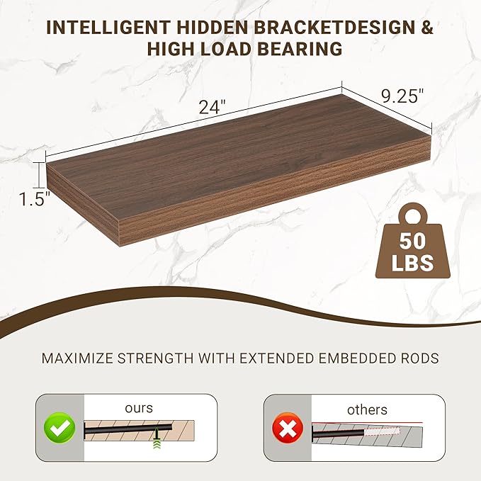 24 Inch Floating Shelves, 24"x9.25"x1.5" Inch Deep Floating Shelves for Wall, Wooden Shelves for Bathroom, Bedroom, Living Room, Walnut, 2 Pieces