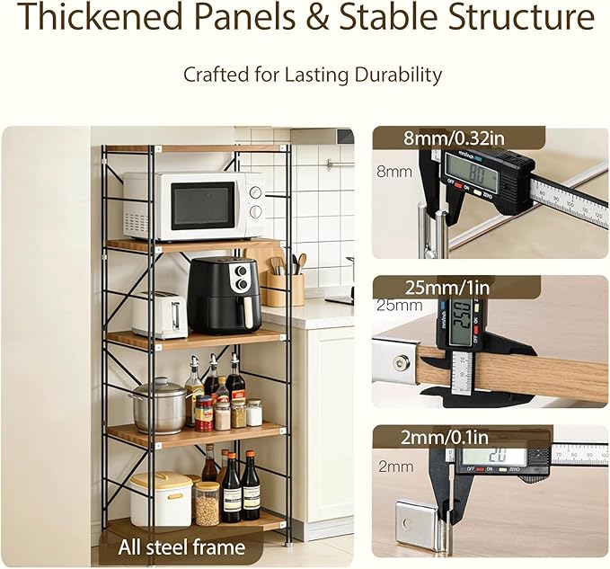 5 Tier Bookshelf, Book Shelf 67/59Inch, Tall Bookcase, Industrial Bookshelves, w/Metal X-shaped support, Adjustable Shelves, Metal Fram, for Living Room,kitchen (walnut, H 66.93×W31.5×L 15.75 IN)