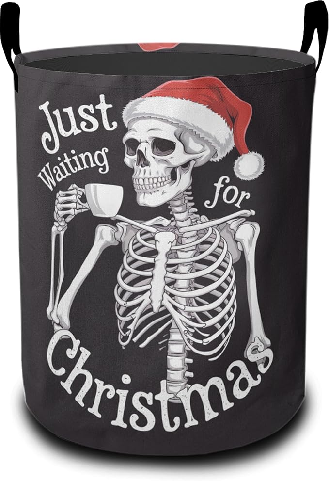 Christmas Laundry Basket-Funny Skeleton Large Foldable Hamper Holder Portable Tall Collapsible Laundry Hamper Storage Basket Bin with Handles, Canvas & Waterproof lining for Household Items