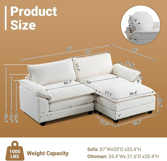VINGLI 87" Convertible Sectional Sofa,L-Shaped Deep Seat Sofa Couch for Living Room,Modern 2-Seat Loveseat Sofa with Ottoman for Small Space(White,Faux Sherpa, 87")