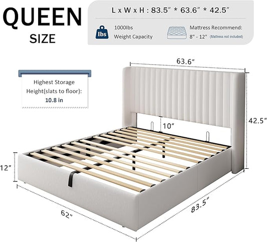 Queen Size Lift Up Storage Bed, Upholstered Velvet Platform Bed Frame with Wingback Headboard, Hydraulic System, Solid Wooden Slats Support, Easy Assembly, No Box Spring Needed, White