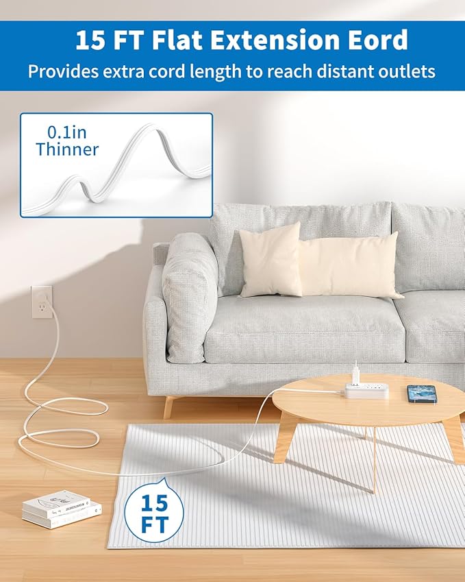 Flat Extension Cord 15 ft, NTONPOWER Power Strip with 6 Widely Outlets 4 USB Ports(2 USB C), Flat Plug, Wall Mounted, Side Outlet Extender for Indoor, Home Office, Dorm Room Essentials