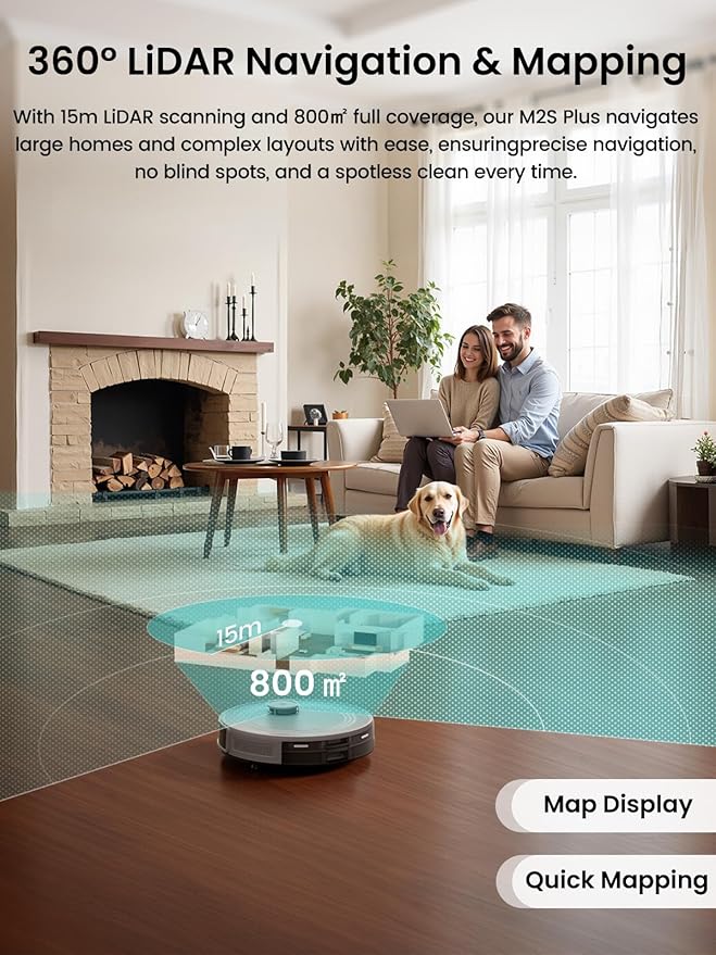 Lefant LiDAR Robot Vacuum and Mop Combo, 10000Pa Suction, 75-Day Self-Emptying Base with Multi-Floor Mapping, 240Min Runtime, Ideal for Pet Hair & Carpets, Wi-Fi/Alexa/App Control, M2S Plus
