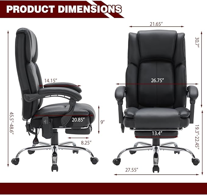 Massage Office Chair with Heat,Executive Desk Chairs with Foot Rest, Reclining Chair Big and Tall for Heavy People,4 Points Vibration 500lbs,Adjustable Lumar Support Black