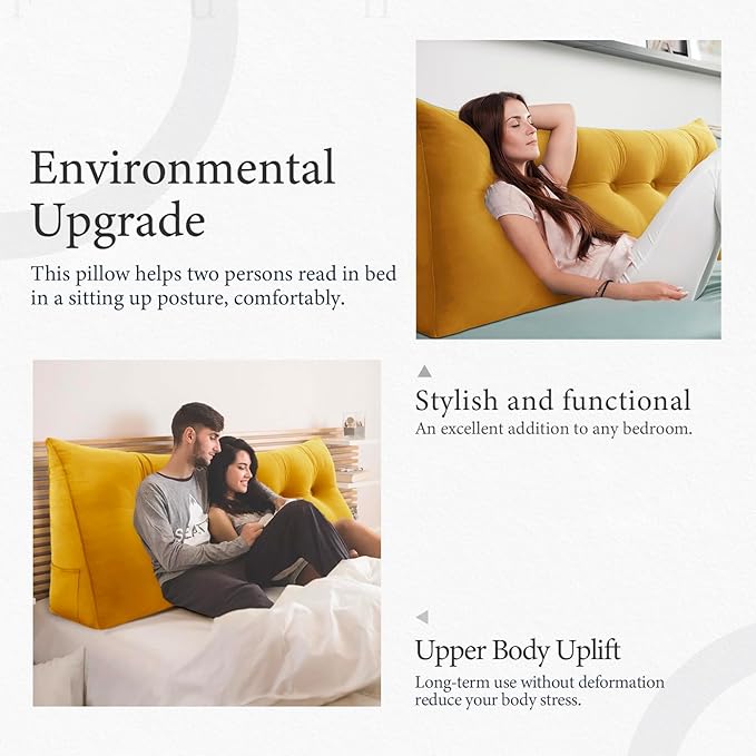 14 lbs Thickened King Headboard Pillow for Sitting Up in Bed, Back Support Reading Pillow with Side Pocket and Velvet Removable Cover, Triangular Large Wedge Headboard Pillow