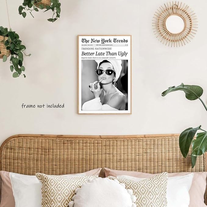 New York Trends Wall Art Black and White Newspaper Better Late Than Ugly Poster Canvas Prints Funky Feminist Posters Trendy College Wall Decor for Bar Cart Girl Dorm Room Bathroom Decorative 24x36inch Unframed