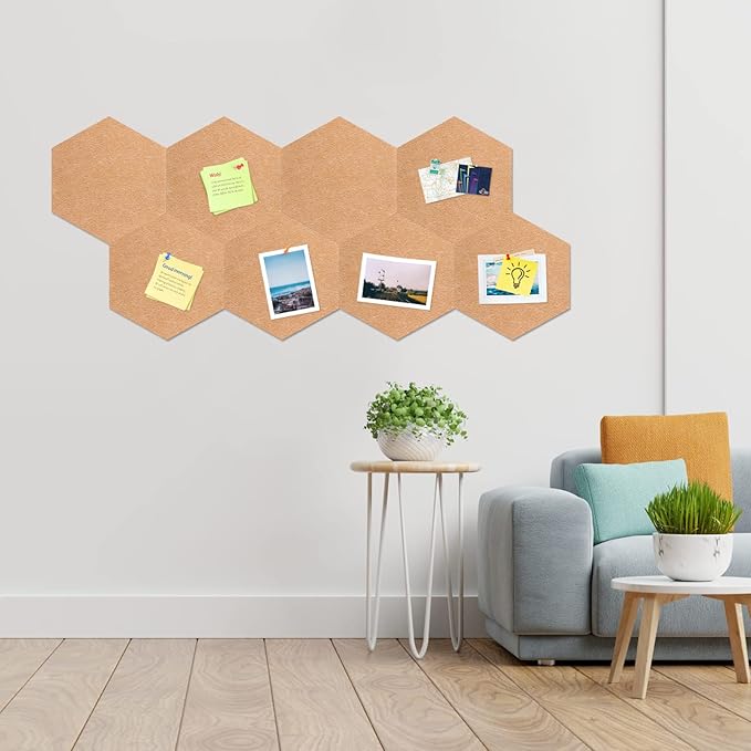 12" Large Bulletin Board with 30 Push Pins, Pack of 8 Hexagon Felt Pin Board Notice Boards for Home Office, Felt Wall Tiles for Photos Memos (Brown)