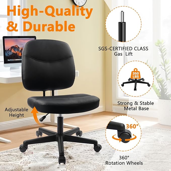 CLATINA Armless Home Office Chair, Small PU Leather Ergonomic Low Back Desk Chair with Lumbar Support and Wheels, Adjustable Height 360° Swivel Rolling Computer Task Chair, Black, 6 Pack