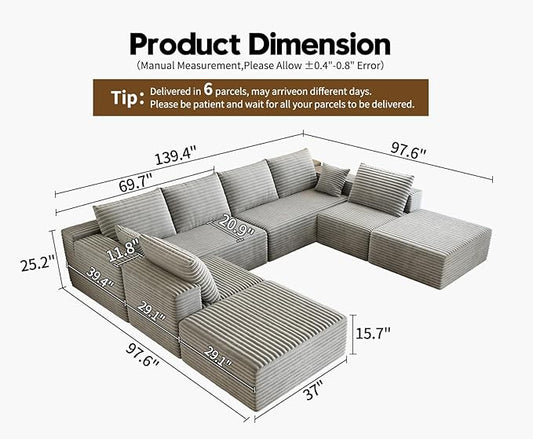 139.4" Modular Sectional Sofa Couch, Oversized U-Shaped Minimalist Couches with 2 Ottomans Chaise and 2 Middle Seats, Modern Deep Seat Cloud Plush Corduroy Sofas Set for Living Room, 8 Seater, Grey