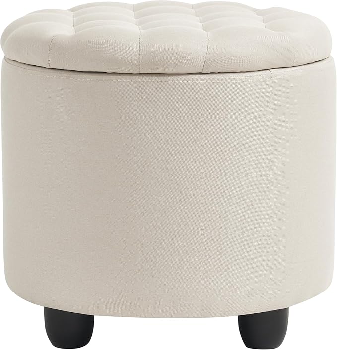 Furniliving Modern Round Storage Ottoman,Button Tufted Ottoman Foot Stools Ottoman Footstool with Removable Lid Storage Ottoman for Living Room, Bedroom, Makeup Room，Beige