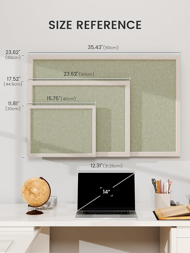 Felt Cork Board Alternative, Felt Bulletin Board 16" x 12" Oatmeal Frame with 8 Adhesive Tabs, Pin Board for Home Office, Classroom, Entryway, Kitchen Wall Decor—Sage
