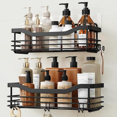 Orimade Shower Caddy Basket Shelf Storage Rack, No Drilling Wall Mounted Adhesive Rust Proof Stainless Steel Shower Organizer with 5 Hooks for Bathroom, Black 2 Pack