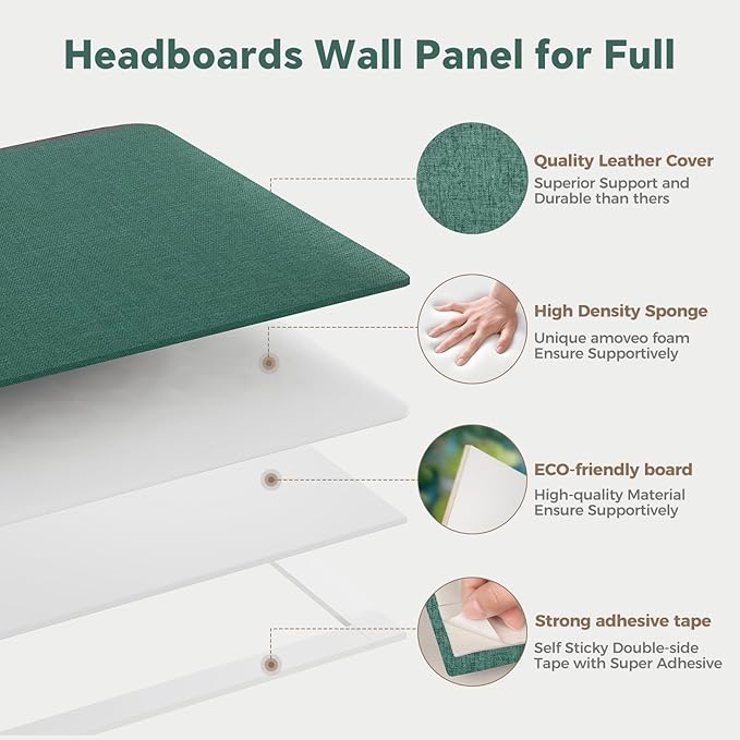 12-Piece Green Linen Upholstered Headboard King Size, Wall Mounted Panel Set, Lush Fabric Headboard & Wall Decor for Bedroom