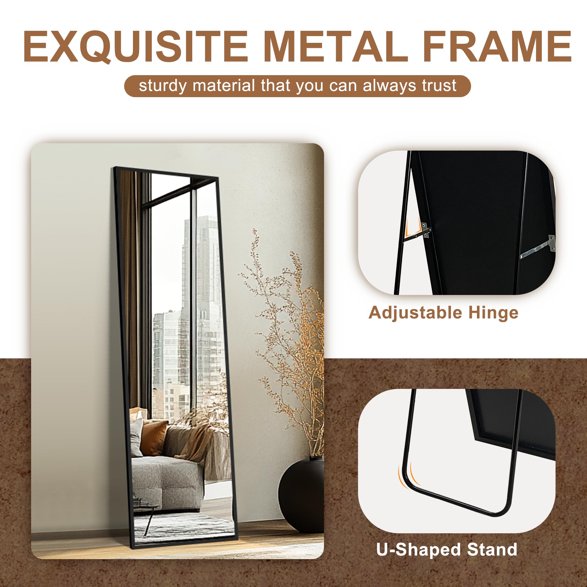 Delma Wall Full Length Mirror,Standing Mirror Full Body,Large Floor for Wall Door Bedroom Bathroom Living Room with Aluminium Frame(with Stand,56x15-Black) Dormly