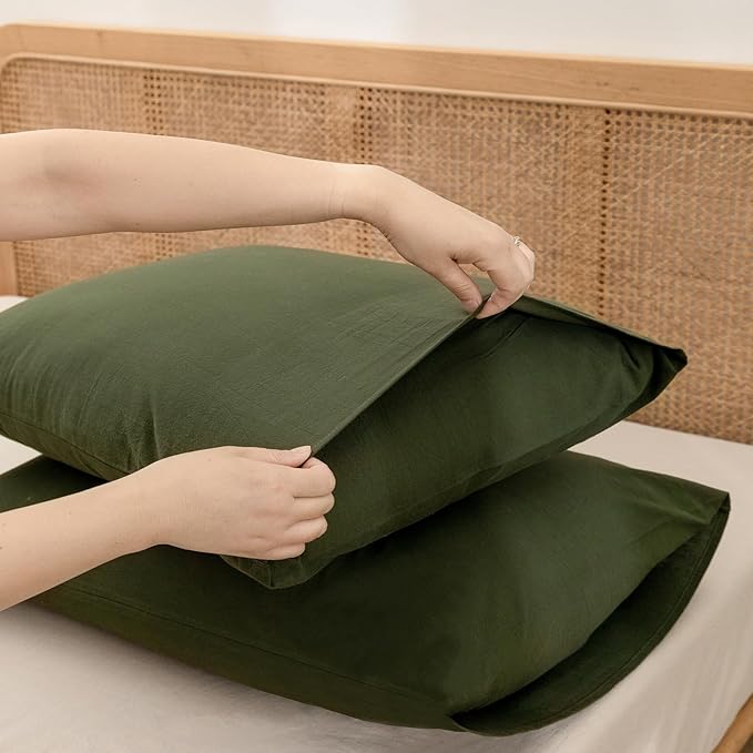 BESTOUCH 100% Washed Cotton Pillowcase for Hair and Skin Linen Feel Soft Comfortable Breathable 2 Set Pillow Case with Envelope Closure Solid Olive Green King 20x36 Inches