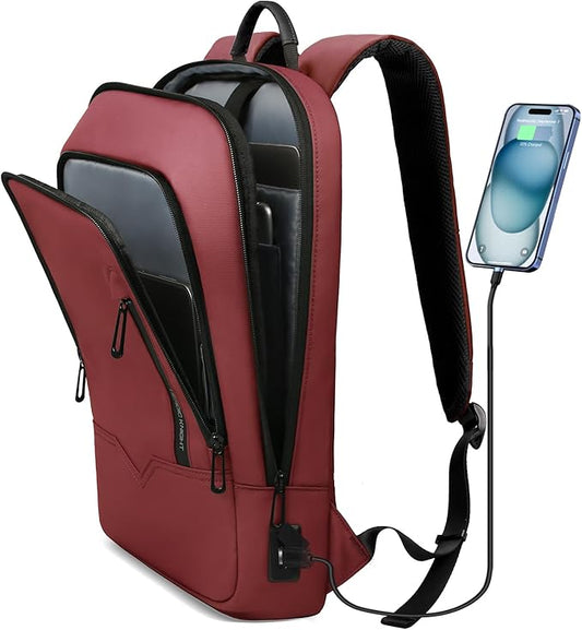 hk Backpack for Men Business Slim Backpack with USB Charger Computer Lightweight Anti-theft Travel (Red, 15.6 Inch)