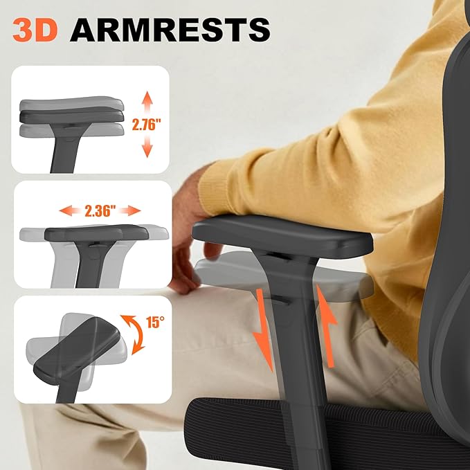 AnyGod Office Chair Ergonomic Desk Chair,Adjustable Headrest Lumbar Support,300lbs Wide Seat Big and Tall with 3D Armrests, Comfy for Computer Work, Study, Home Office (Black)