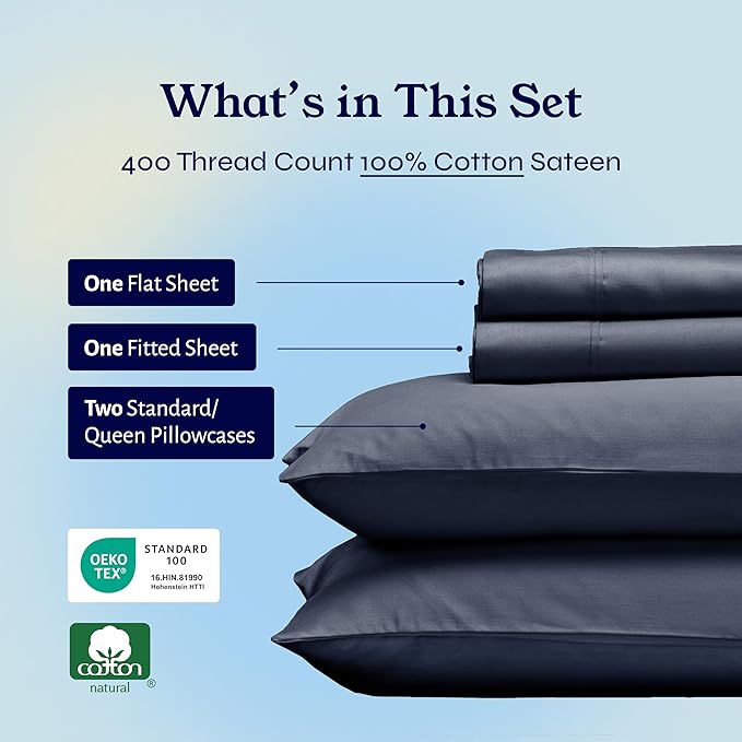 California Design Den Natural 100% Cotton Sheets for Queen Size Bed - Soft 400 Thread Count Sateen, Deep Pockets with All Around Elastic for a Snug Fit, Durable Bedding - Indigo Dusty Blue CaliforniaDesignDen