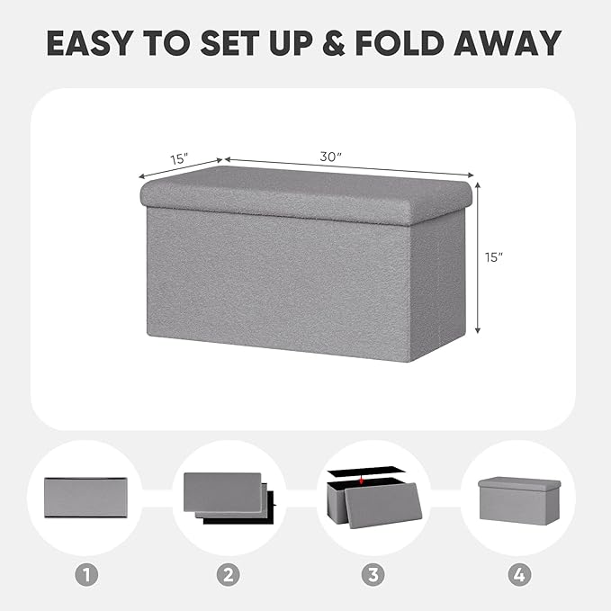 PINPLUS Folding Storage Ottoman Bench, Sherpa Ottoman with Storage, Large Long Shoes Bench Chest with Lid, Footrest for Living Room, Entryway, Grey 30'' x 15'' x 15''